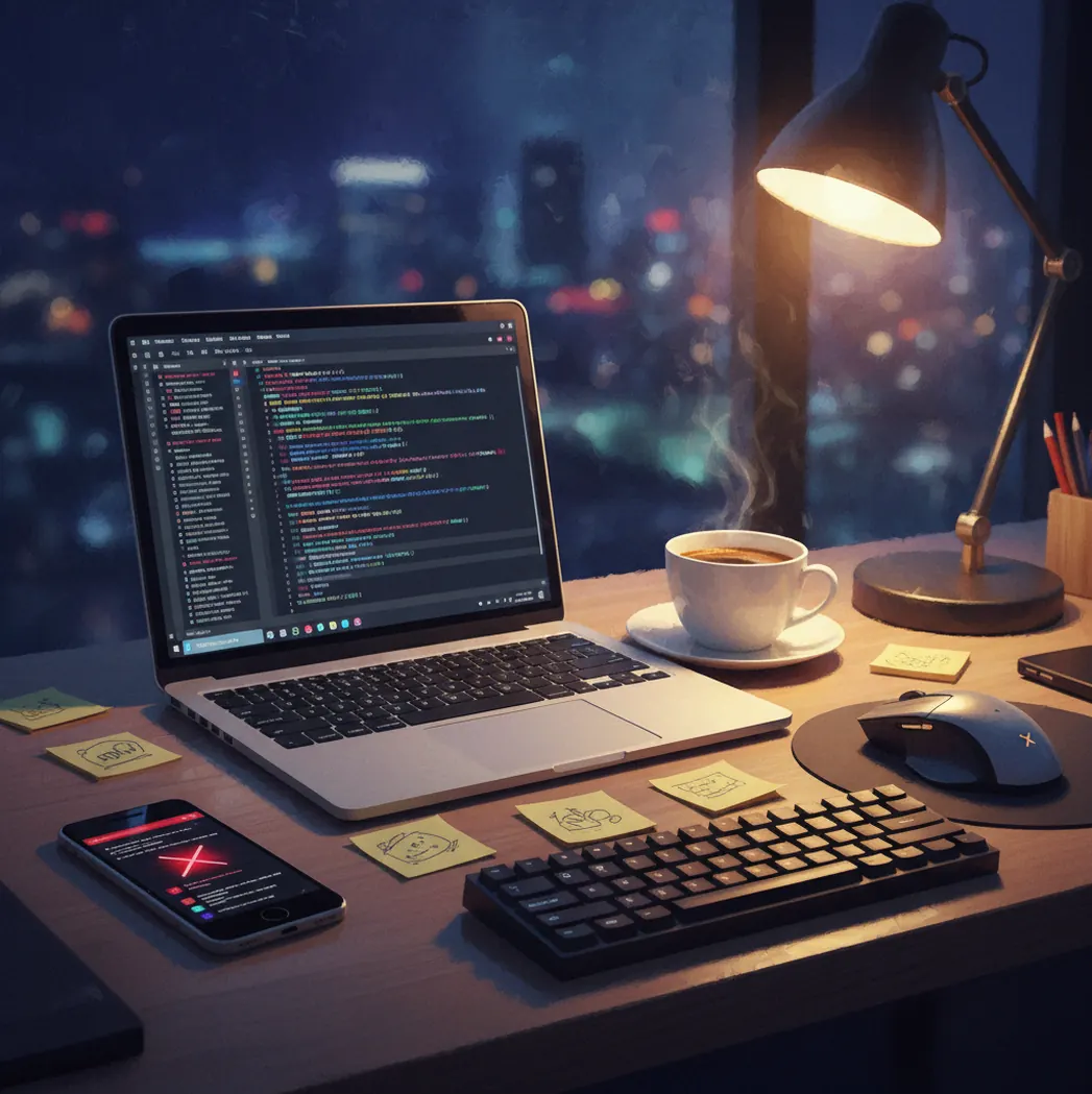 Developer reviewing a stack trace on iPhone beside a laptop in low light