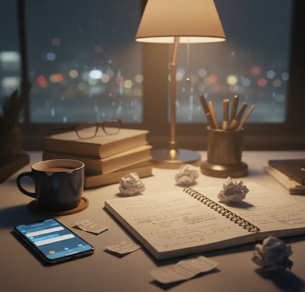 Phone on desk beside notebook, generating story beats and dialogue in a quiet room