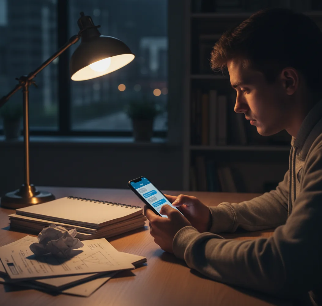 Student using an iPhone to check homework steps with an AI chat app