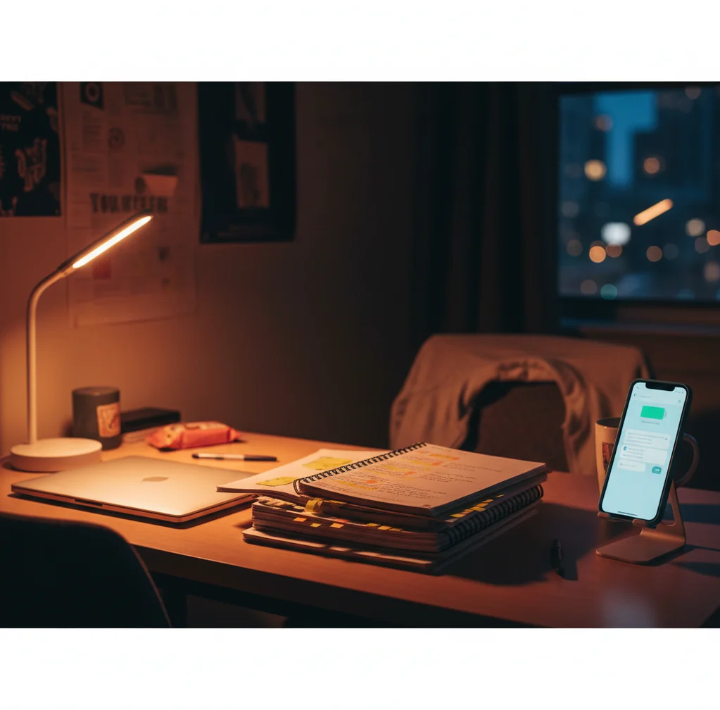 College student studying at night with a phone open to an AI chat app