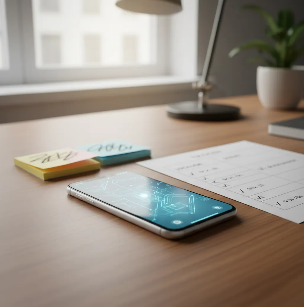 A phone showing multiple AI chat models side-by-side with notes and a comparison checklist