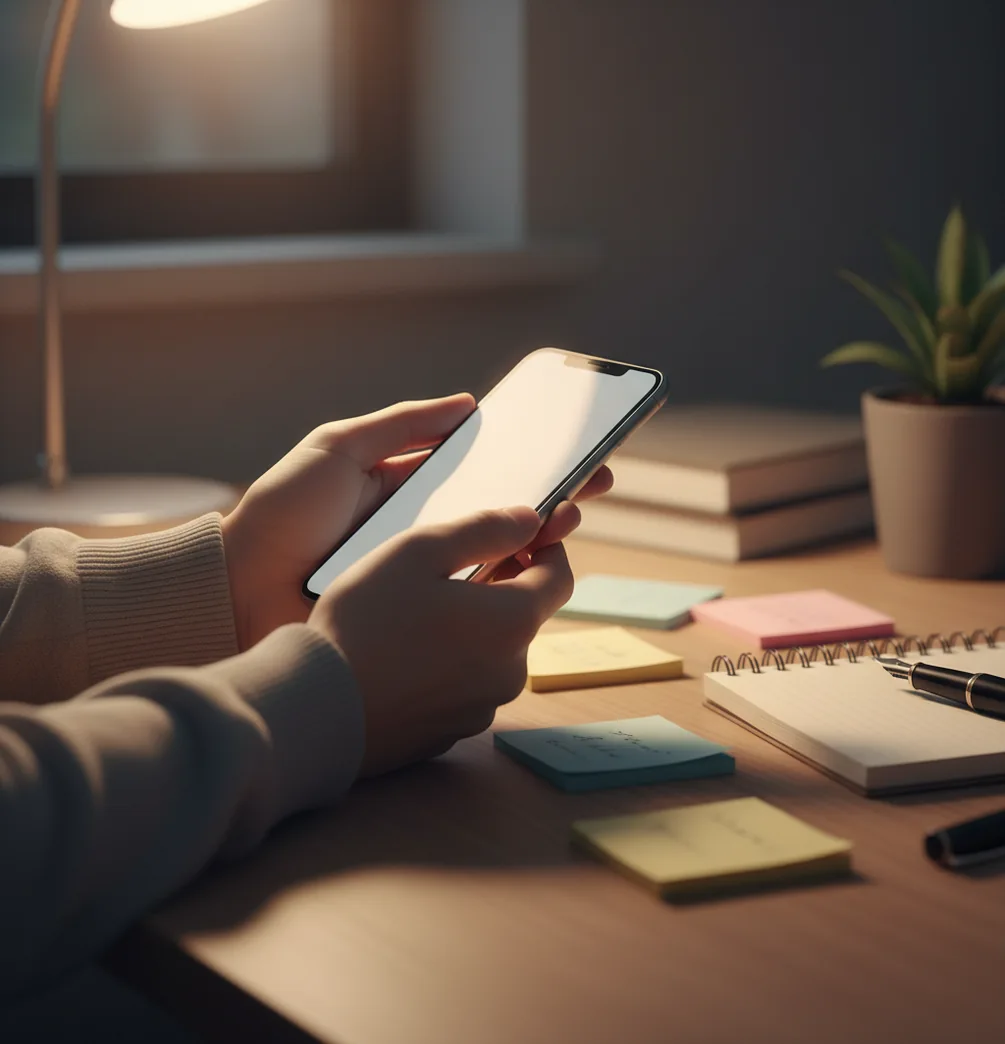 Person holding a phone, drafting prompts and checking answers in a notes app at night