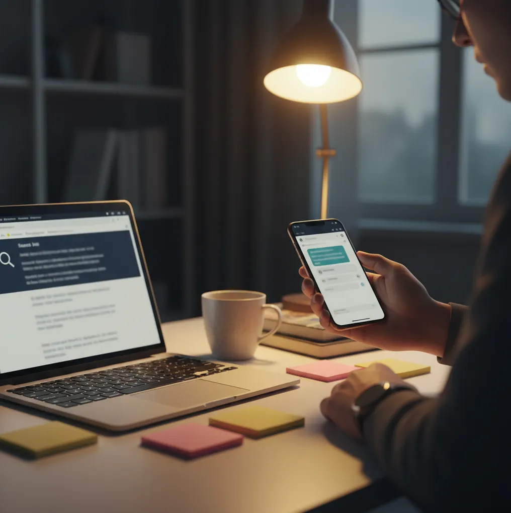 Person comparing an AI chat reply on a phone with Google results on a laptop