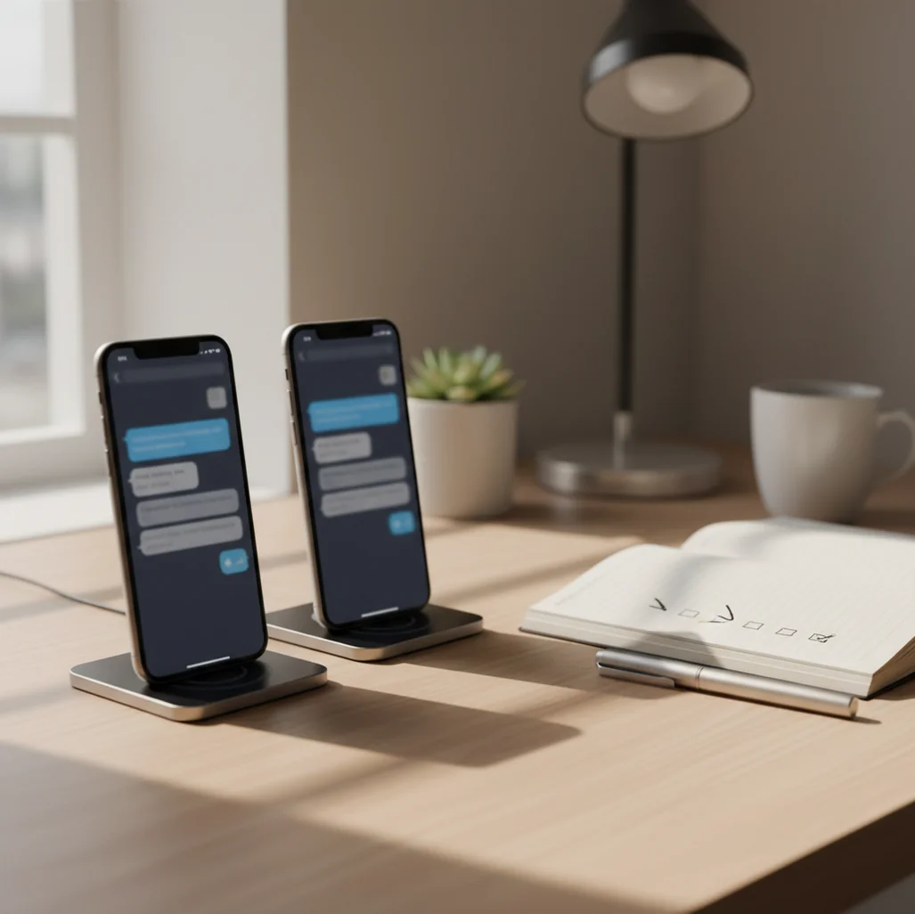 Two smartphones on a desk showing different AI chat apps with comparison notes