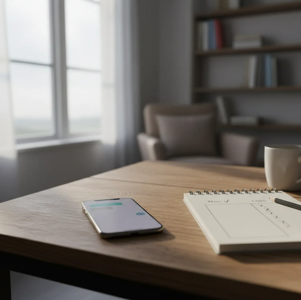 Two phones on a desk comparing AI replies, with notes and a coffee beside them