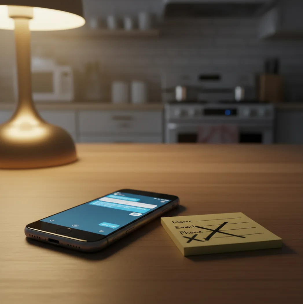 A phone showing a chat screen, with a blank sign-up form crossed out beside it