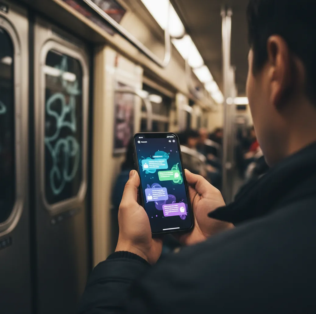 Person comparing AI chat apps on an iPhone while commuting with spotty signal