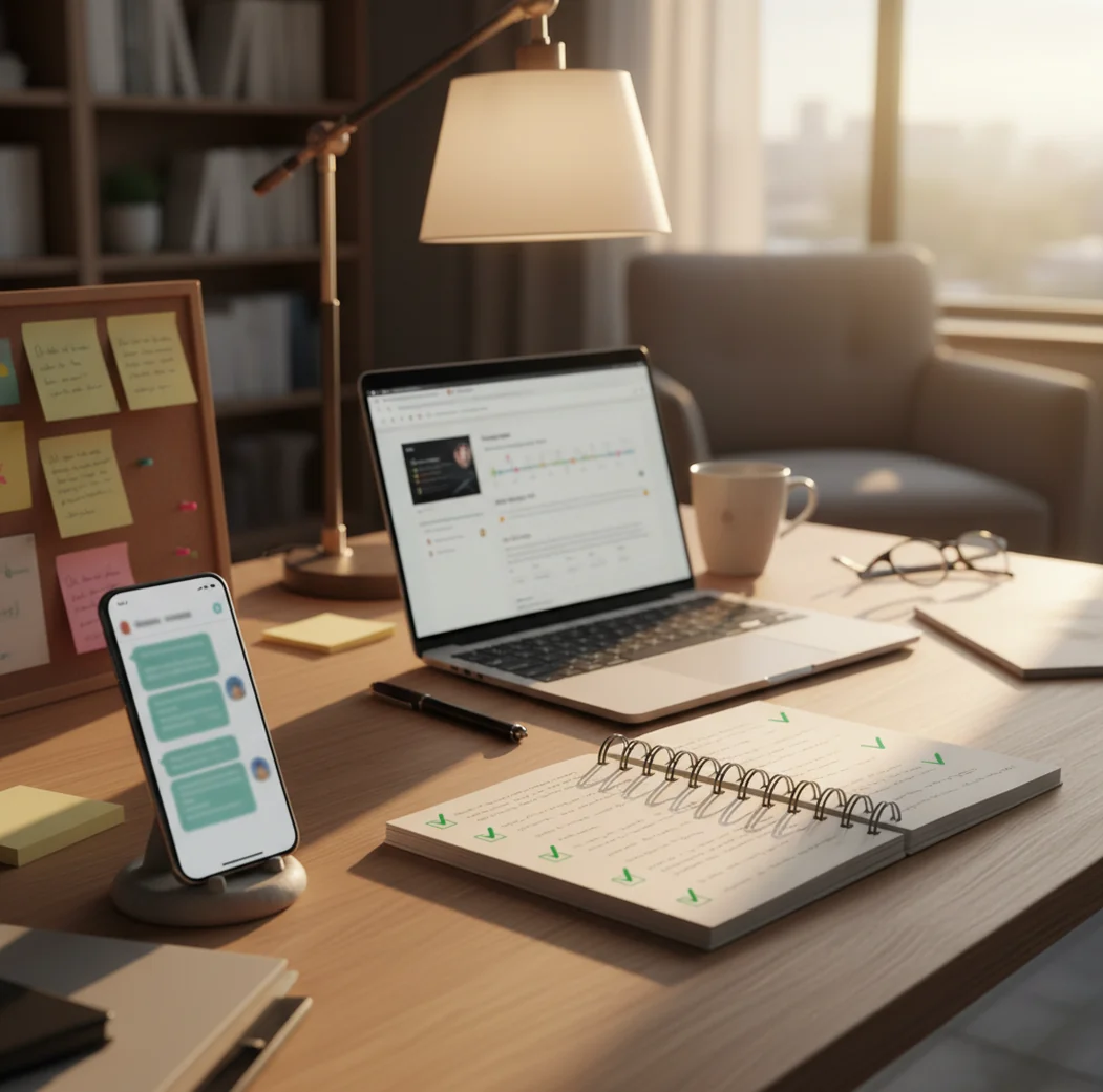 Person comparing AI answers on a phone with notes, books, and a laptop nearby