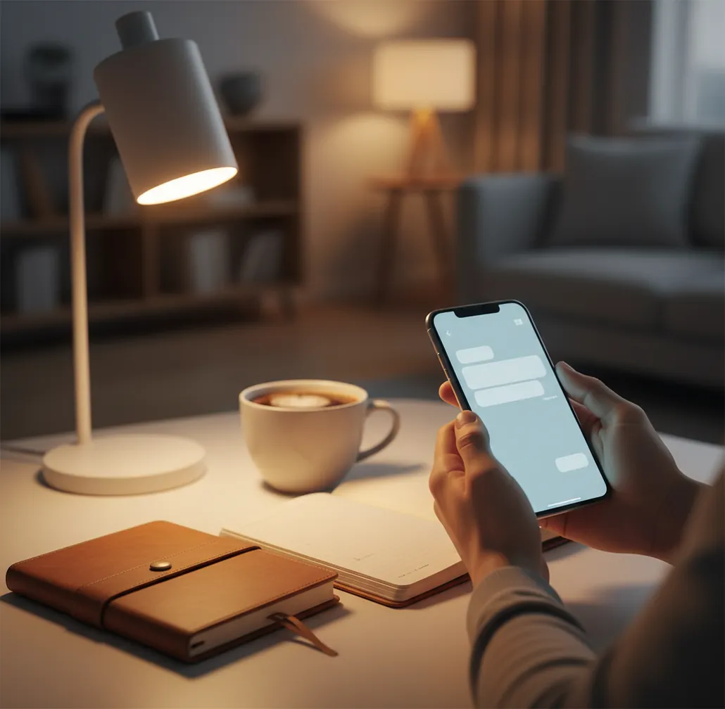 Person holding a phone at night, typing a question to an AI chat app