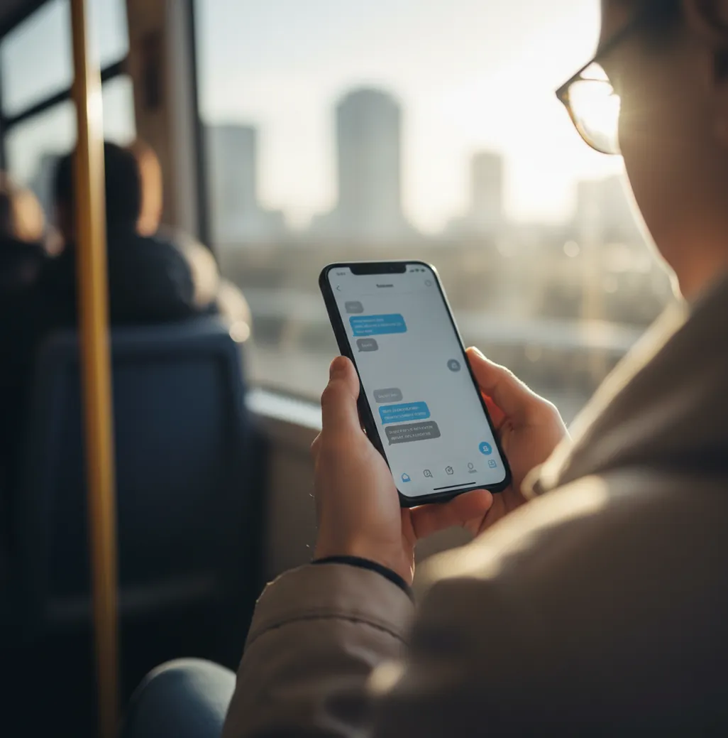 Phone screen showing an AI chat reply while commuting with coffee and earbuds nearby