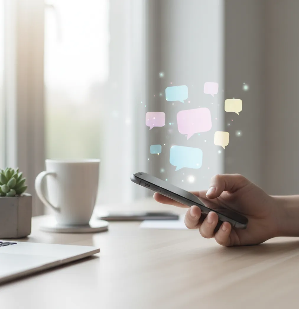 Person holding an iPhone, comparing AI replies on a clean desk in natural light