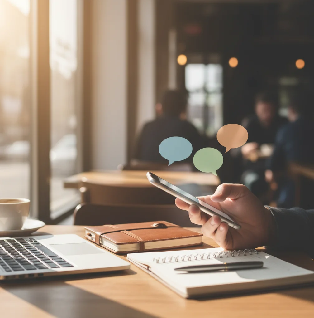 Person holding an iPhone, typing a question while multiple AI chat bubbles float nearby