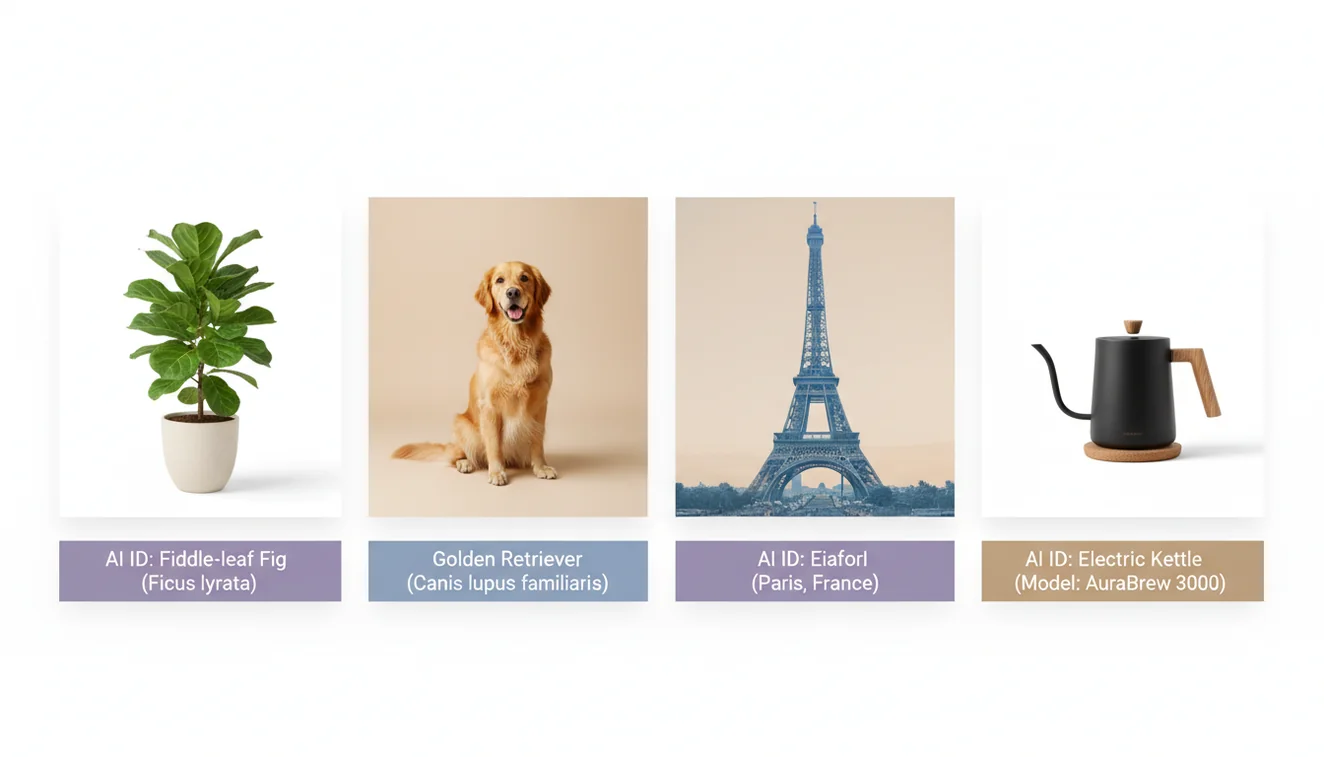 Identify anything with AI tool showing visual recognition of plants, animals, and objects