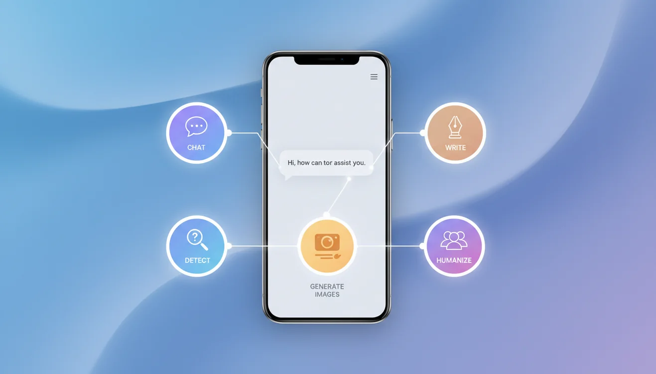 AI chat app features on mobile showing writing, image generation, and chat tools